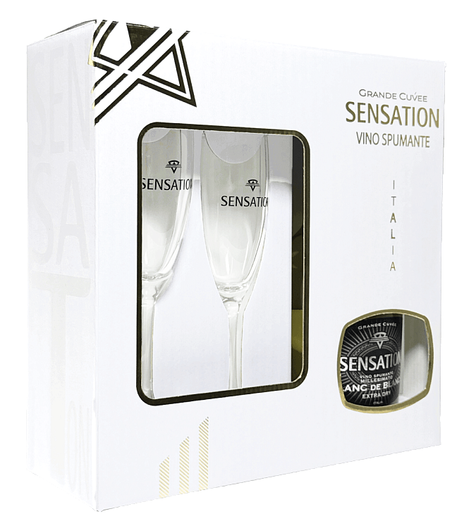 Игристое вино Brut Blanc de Blancs Sensation набор с 2 бокалами · в подарочной упаковке